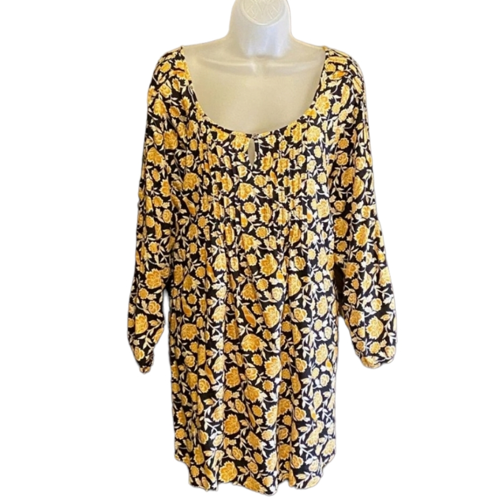 Old Navy Pleated Keyhole Mustard & Black Floral Print Maternity Shirt XXL